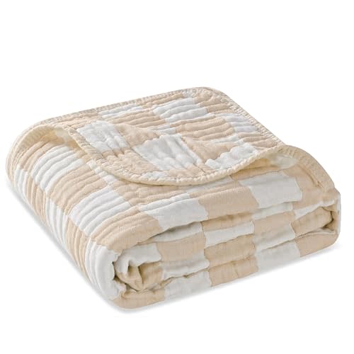 HardNok Ultra-Soft Checkered Muslin Baby Blanket - Swaddle & Crib, 43x43 (Cream)