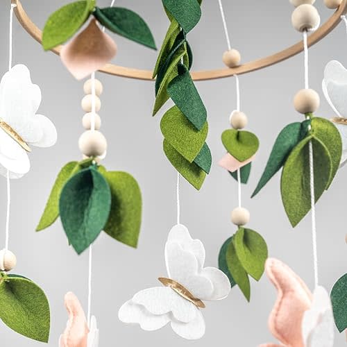 Butterfly Mobile for Crib - A Beautiful Butterfly Crib Mobile with Green Leaves, Pink, White and Gold Detail
