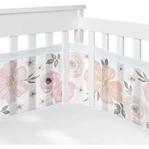 Sweet Jojo Designs + BreathableBaby Blush Pink Grey Boho Floral Girl Breathable Mesh Crib Liner Baby Infant Bohemian Farmhouse Shabby Chic Rose Lily Watercolor Flower Elegant Gray White