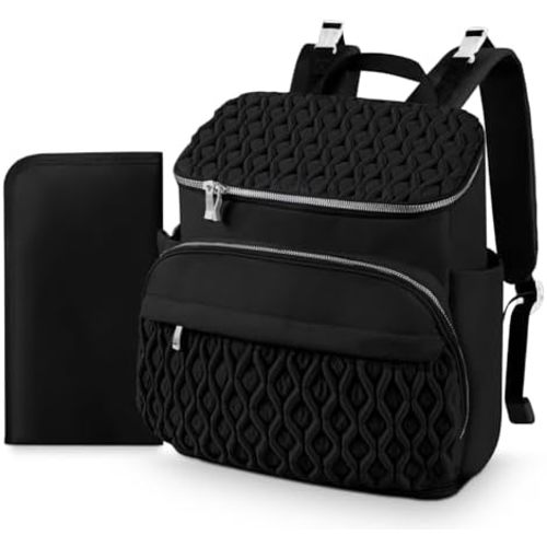 Baby Diaper Bag Backpack, Expandable Baby Bag for Girl Boy, Travel Diaper Backpack with Insulated Pocket, Changing Pad, Quilted Diaper Bag for Mom Dad, Newborn Baby Essentials Must Have Black