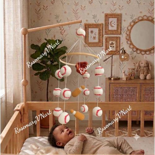 Crochet Baseball Baby Mobile, Sports Nursery Decor, Newborn Gift for Boy, Custom Knit Baseball Mitt and Bat Cot Mobile, Baby Shower Gift