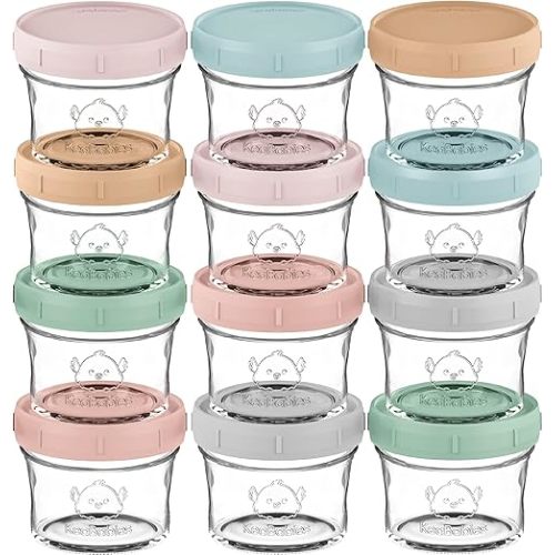 KeaBabies 12pk 4oz Glass Baby Food Containers with Lids - Leak-Proof, Microwavable Small Glass Jars, Baby Purees & Toddler Snack Storage Containers, BPA-Free, Dishwasher & Freezer Safe (Musk Dusk)