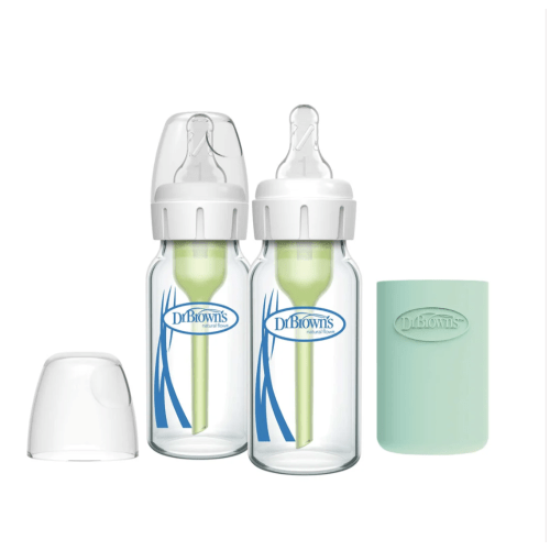 Dr. Brown's Natural Flow Anti-Colic Options+ Narrow Glass Baby Bottle with Silicone Sleeve, 2-Pack