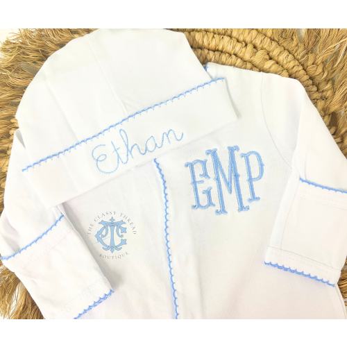 Baby Boy Coming Home Outfit, Monogrammed Romper, Personalized Baby Gift, Monogrammed Footie, Newborn Pictures, Picot Trim Boy Monogram