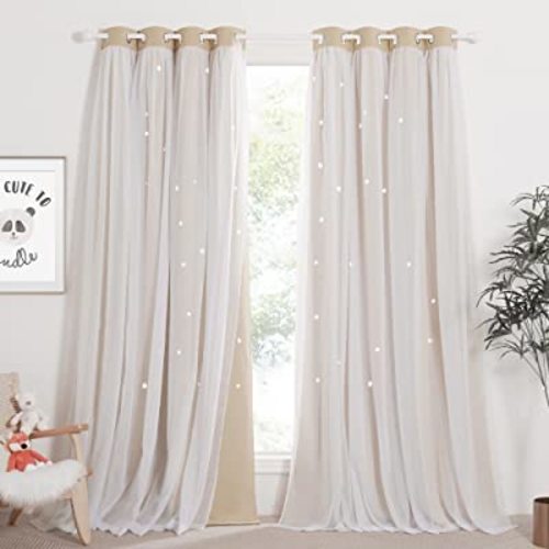 NICETOWN Nursery Curtains for Kids, Farmhouse Blackout Curtain Panels for Bedroom, Double Layer Star Hollow-Out Grommet Aesthetic Living Room Toddler Window Curtains, 2 Pcs, W52 x L84, Biscotti Beige