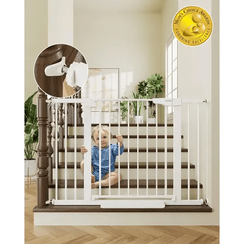 Cumbor 29.7-46" Baby Gate for Stairs, Toddler Safety Essentials for The House, Auto Close Dog Gate for Doorways, Mom's Choice Awards Winner-Easy Install Pressure Mounted Pet Gates for Dogs, White