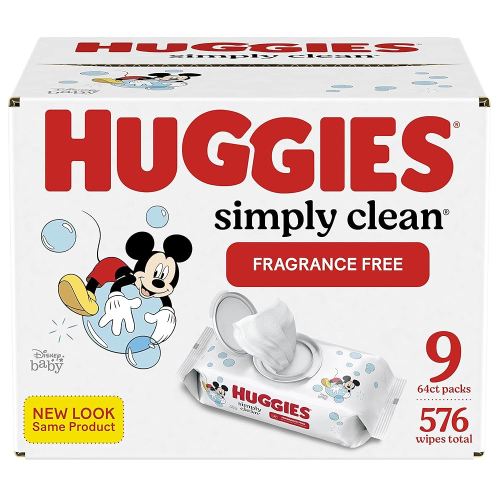 Huggies Simply Clean Unscented Baby Wipes, 9 Flip-Top Packs (576 Wipes Total),64 Count (Pack of 9)