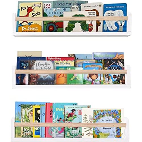 AZSKY White Floating Nursery Book Shelves 24 Inch Wall Bookshelf for Kids Room Décor Wall Mounted Wood Book Shelf a Set of 3 Bedoom Bathroom Storage Shelf