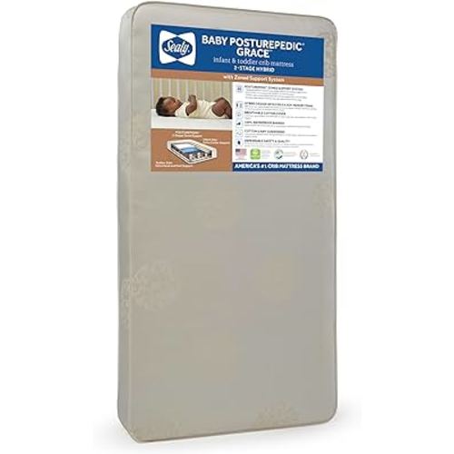Posturepedic Grace Breathable Hypoallergenic 2-Stage Dual Firmness Waterproof Baby Crib Mattress & Toddler Bed Mattress, Hybrid Coil & Memory Foam, Certified, Made in USA, 52"x28"