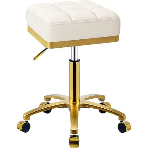 Square Rolling Stool Gold Adjustable Swivel Stools with Wheels, Vanity Lash Nail Salon Spa Roller Chair, Esthetician Massage Office Pedicure Stool, Heavy Duty Gold Plated Frame (White)