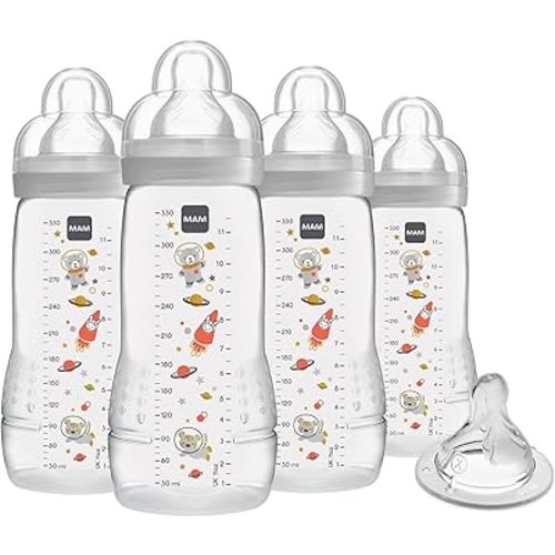 MAM Easy Active Baby Bottles 11 oz with Bonus Nipple, Fast Flow Skinsoft Silicone Nipple with Wide Neck Ergonomic Design, Easy to Hold, BPA-Free Bottles with Leak-Proof Caps for 4+ Months Baby, Unisex