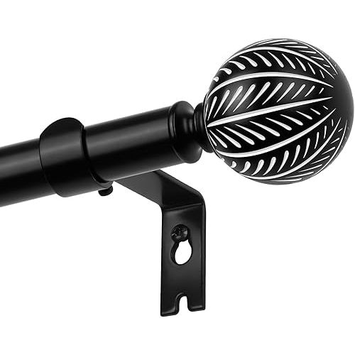 KAMANINA Wood Curtain Rods for Windows 32 to 58 Inch(2.6-4.8ft), 1 Inch Adjustable Drapery Rod, Decorative Heavy Duty Curtain Rods with Leaf Pattern Finials, Black