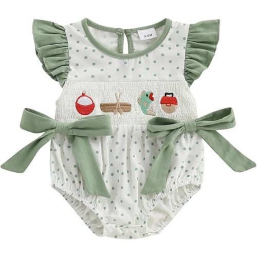 Newborn Baby Girl Fishing Outfit Fish Smocked Bubble Romper Dot Print Ruffle Bodysuit Infant Summer Clothes
