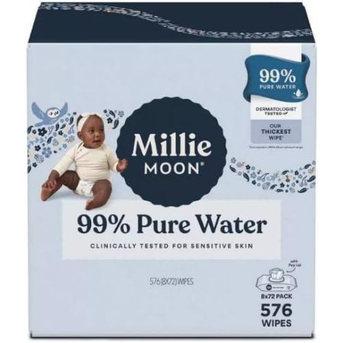 Millie-Moon 99% Pure Water Luxury Baby Wipe, 576 Count (8 * 72 Pack)