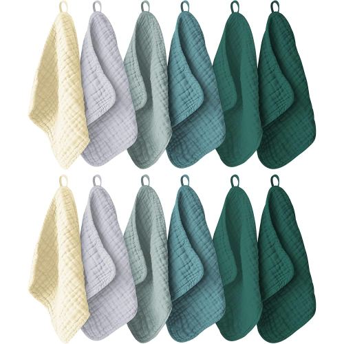 12 Pack Muslin Washcloths for Baby - 100% Cotton Baby Wash Cloths for or Baby Face Body Comfy and Soft for Newborn Infants Kids Girls and Boys - 12"x12" - Ivory, Slate and Emerald Series
