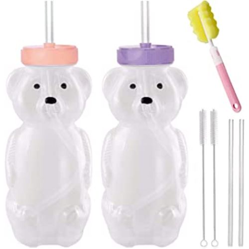 Honey Bear Straw Cups, Juice Bear Bottle Drinking Cup Long Straws with 4 Flexible Straws & Cleaning Tools, 8-Ounce Therapy Sippy Bottles for Speech and Feeding Training, Food-Grade & BPA Free 2 Pack