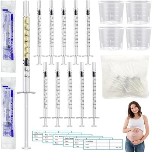 50 Pcs Colostrum Collector Set 1ml Breast Milk Collector Milk Catcher with 60 Stickers 1 Collection Bag and 4Pcs 20ml Measuring Cups Colostrum Collection Gift Set Colostrum Harvesting Kit for Breastfeeding