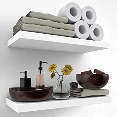 BATODA 17" White Floating Shelves Wall Mounted for Bathroom – Rustic Farmhouse Wooden Wall Storage Shelf for Bed Room, Kitchen, Home Décor - Brackets Included -17x 6x1.2 Inch (Set of 2 Acacia Wood)