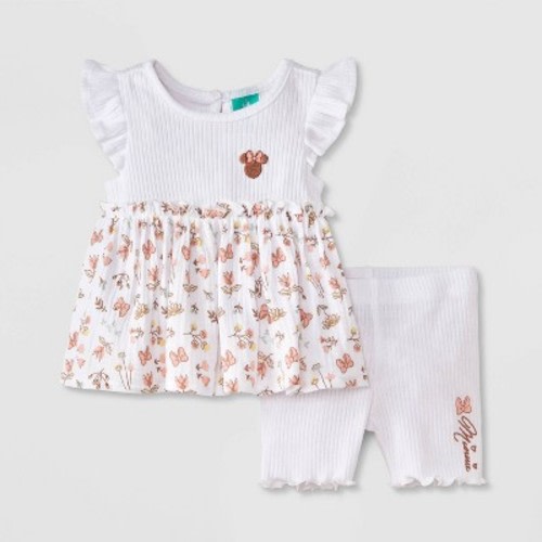 Baby Girls' 2pc Disney Minnie Mouse Floral Short Sleeve Shirt and Biker Shorts Set - White Newborn