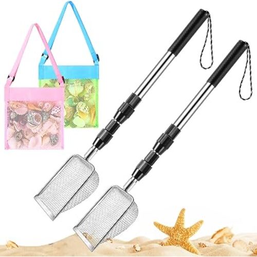 POILKMNI New Upgraded 2 Pcs Shark Tooth Sifter with Seashell Bags, Beach Sand Sifter, Sand Scoop Shell Scooper for Beach Scoop Shovel Sifter Tool for Picking Up Shells, Shark Tooth Sifter Dipper
