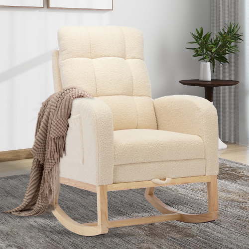 Nursery Rocking Chair with Adjustable Footrest for Living Room,Teddy Fabric Rocking Chair with Solid Wooden Legs,Comfortable Lounge Armchair with Side Pockets and High Backrest(Beige)