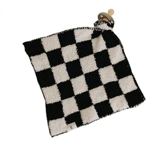 Forever French Baby | Baby Lovey | Pacifier Holder | Lovie Baby Gifts | Baby Boy & Baby Girl | Ideal for Age 0 Months & Up | Microfiber Feather Yarn (Black & White Checkerboard)