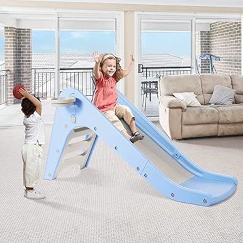 WELSPO Freestanding Slides for Kids, Baby Slide Indoor/Outdoor Climber Toddler Slide with Basketball Hoop&Ball, Kids Slides for Backyard Easy Setup (Blue+Grey)