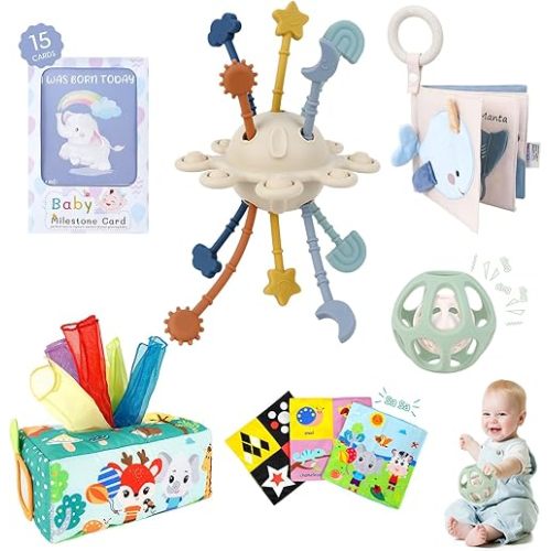TYRY.HU Baby Gift Set,Montessori Learning Toys Set- Silicone Sensory Toys,Baby Teether Ball with Rattle,Soft Baby Book with Teether Ring & Crinkle Paper,Baby Tissue Box Toy,Milestone Cards,5 PCS