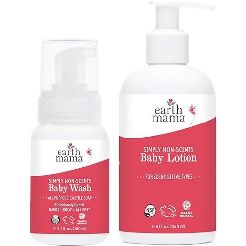 Earth Mama Fragrance Free Bathtime Bundle | Simply Non-Scents Castile Soap & Baby Lotion | Unscented Baby Wash & Moisturizer with Calendula