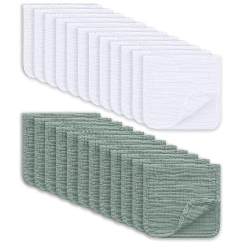 Muslin Burp Cloths Large 100% Cotton Hand Washcloths for Boys & Girls, Baby Essentials Extra Absorbent and Soft Burping Rags for Newborn Registry (White & Green, 24-Pack, 20" X10")