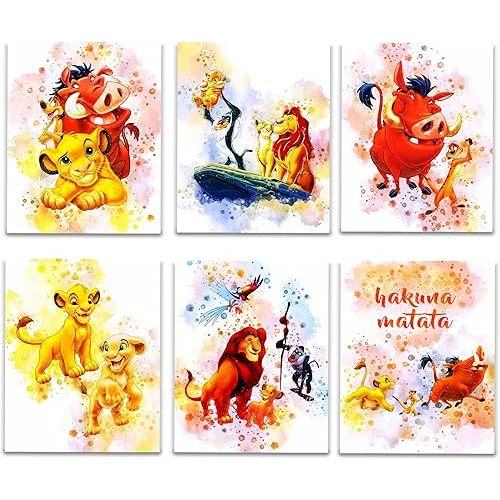 DERMAN HOUS Lion King Room Decor, Hakuna Matata Watercolor Poster -The Lion King Simba Timon Pumbaa Nala Decor -Set of 6 (8x10 inches) UNFRAMED