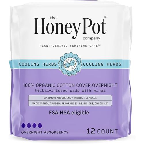 The Honey Pot Company - Herbal Pads for Women - Overnight Pads w/Wings - Infused w/Essential Oils for Cooling Effect & Organic Cotton Cover - Sanitary Pads - Feminine Care - FSA & HSA - 12 ct