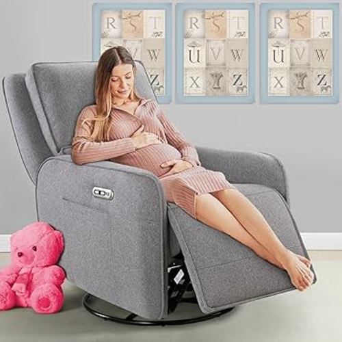 Power Recliner Gliders for Nursery, Electric Swivel Rocker Recliner Chair, Comfy Upholstered Fabric Living Room Reclining Rocking Chairs with Heat, Massage, 2 USB Ports and 2 Side Pockets