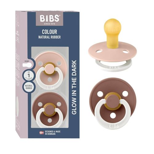 BIBS Colour Night Glow in The Dark Soother 2-Pack, BPA Free Dummy Pacifier, Round Nipple. Natural Rubber Latex, Made in Denmark, Size 1 (0-6 Months), Blush Glow/Woodchuck Glow