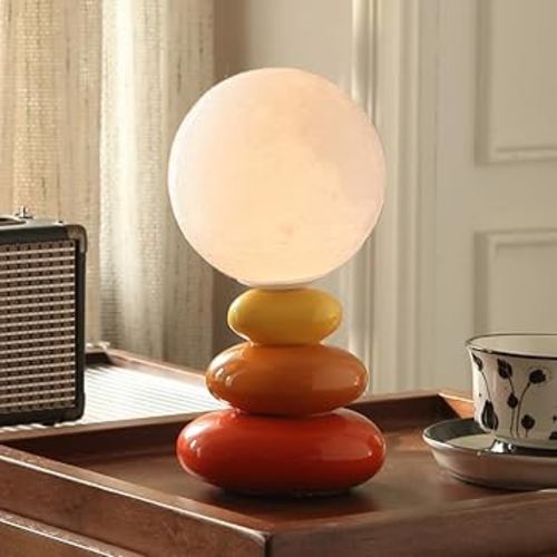 Aesthetic Cute Small Lamp Modern Orange Cool Funky Stacked Stone Ceramic Table Lamp USB LED Unique Novelty Nightstand Bedside Mini Night Light for Living Room Bedroom Decor (3D Printing)