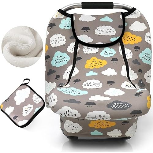ACRABROS Car Seat Covers for Babies,Winter Autumn Spring Infant Carseat Cover Canopy for Boys and Girls,Stretchy Adjustable Peeping Window with Mesh Cover,Warm Breathable Universal Fit,Clouds Sheep