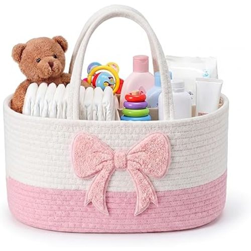 Diaper Caddy Organizer Cotton Rope Diaper Caddy Basket Pink Bow Empty Gift Basket Nursery Storage Bin and Car Organizer with Removable Divider Baby Shower Gifts Newborn Essentials