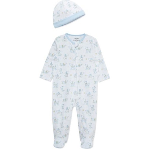 Little Me Puppy Fun Print Cotton Footie & Hat Set | Nordstromrack