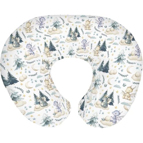 Fairytale Dragons Baby Nursing Pillow Cover for Boy Girl Cute Dragon Moon Stars Clouds Trees Eggs Nursery Pillowcase for Breastfeeding Pillows Fantasy Animal Soft Stretchy Slipcover for Newborn Infant