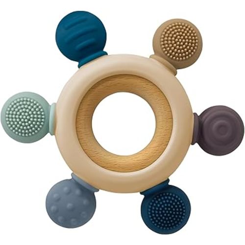 Baby Teething Toys with Wooden Ring Soothe Babies Gums, Teethers for Babies 3-6 Months, Wooden Baby Toys, Easy to Grasp Toy for Baby Toys 6-12 Months, Silicone Baby Teether BPA Free