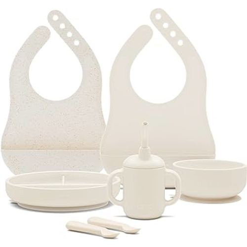 Lalo First Bites Silicone Baby Feeding Set - Baby Led Weaning Supplies - Non-Toxic Silicone - Includes 2 Bibs, 2 Spoons, Training Cup, Suction Plate and Bowl - 6 Pieces - Oatmeal