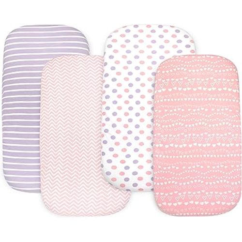 Bassinet Sheets Girl– 4-Pack Soft Fitted Bassinet Sheets, Organic Cotton, Breathable & Cozy, Fits 32x16x4 Inch Rectangle, Oval & Hourglass Mattresses (Lavender-Pink)