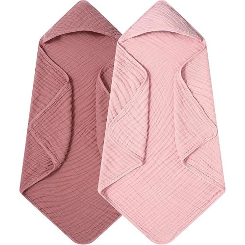SnugOre Muslin Hooded Baby Towels Baby Bath Towel with 100%, 32x32 Inch Cotton Super Soft Super Absorbent, Suitable for Newborn Care and Young Children Up to 3 Years Old（Light Pink & Dark Pink）