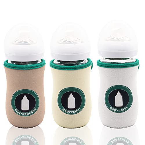 Kanudle Glass Baby Bottle Sleeve Covers for 8 oz Philips Avent | Adjustable Sleeves | Heat and Cold Retention | Neoprene | Non Slip Grip | Set of 3 (Babyccino, Babyspresso, Babylatte)