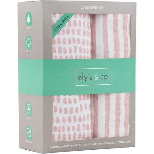 Ely's & Co. Patent Pending Waterproof Crib Sheet | Toddler Sheet no Need for Crib Mattress Pad Cover or Protector I Mauve Pink Splash and Stripes