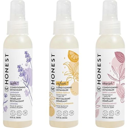 The Honest Company Conditioning Hair Detangler Spray Variety Pack | Tear-Free + Hypoallergenic | Lavender, Citrus Vanilla, Sweet Almond | 4 fl oz each (pack of 3)