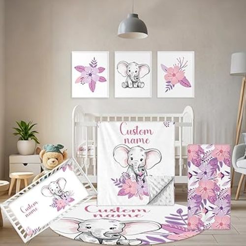 Personalized Toddler Bedding Set, 5 Pcs Custom Name Crib Bedding Set for Girls, Purple Elephant Flannel Baby Crib Bedding Set, Double Layer Baby Crib Set, Customized Gifts for Infants Newborns