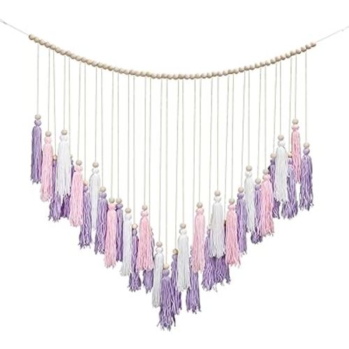 Luxbrand Pink & Purple Macrame Hanging Boho Wall décor, Large Tassel Wall Hanging with Wood Beads, Purple Wall Decor for Bedroom Living Room Girls Room Nursery, 41" W x 32" H