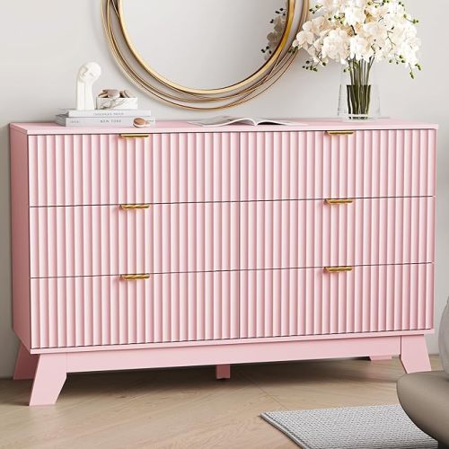 6 Drawer Dresser for Bedroom, Fluted Dressers Chest of Drawers with Gold Handle, Mid Century Modern Dresser for Closet, Wood Closet Storage Organizer Furniture for Bedroom, Living Room, Hallway, Pink