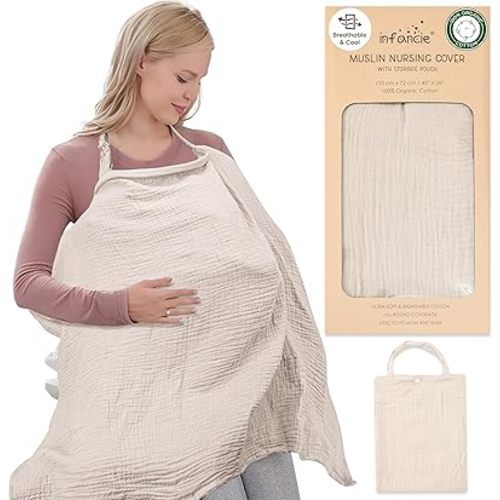 100% Organic Cotton Nursing Cover & Shawl - 43 x 28 Inch Breathable Muslin Breastfeeding Nursing Apron Cover with Arch Neckline for Mothers, Multi-use Carseat Canopy (Ivory)